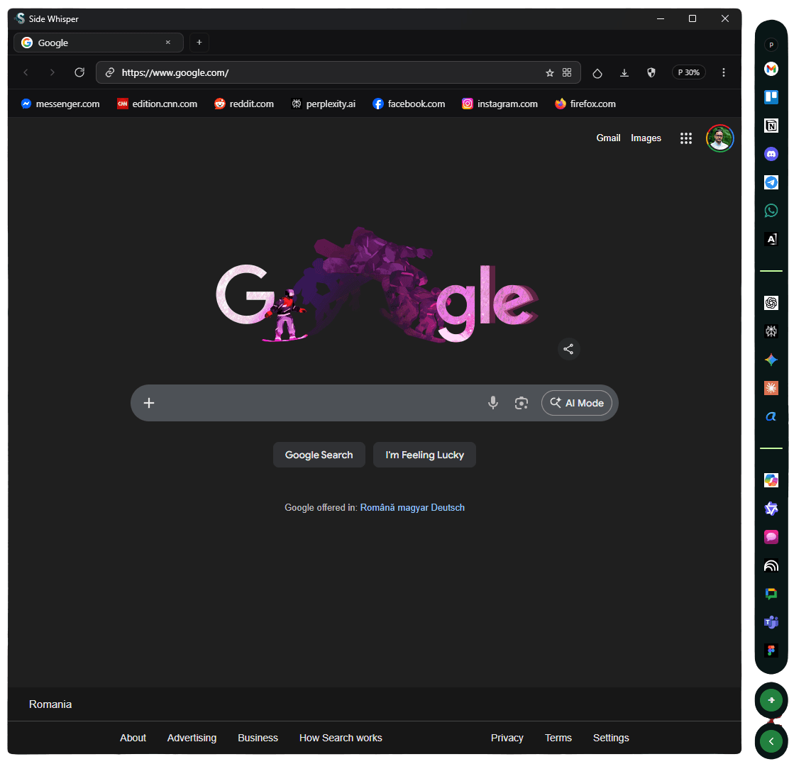 Side Whisper app interface showing sidebar with web apps and browser window