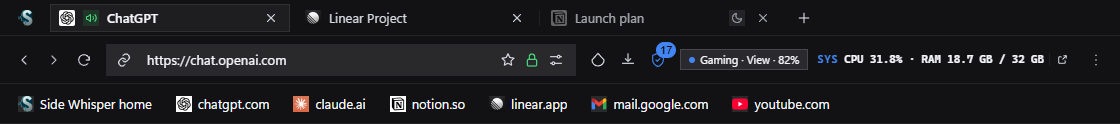The Side Whisper browser's tabs, address bar, toolbar and bookmarks bar in Gaming View