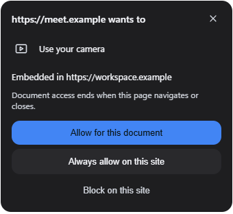 A site asking to use the camera, with Allow for this document, Always allow on this site and Block on this site