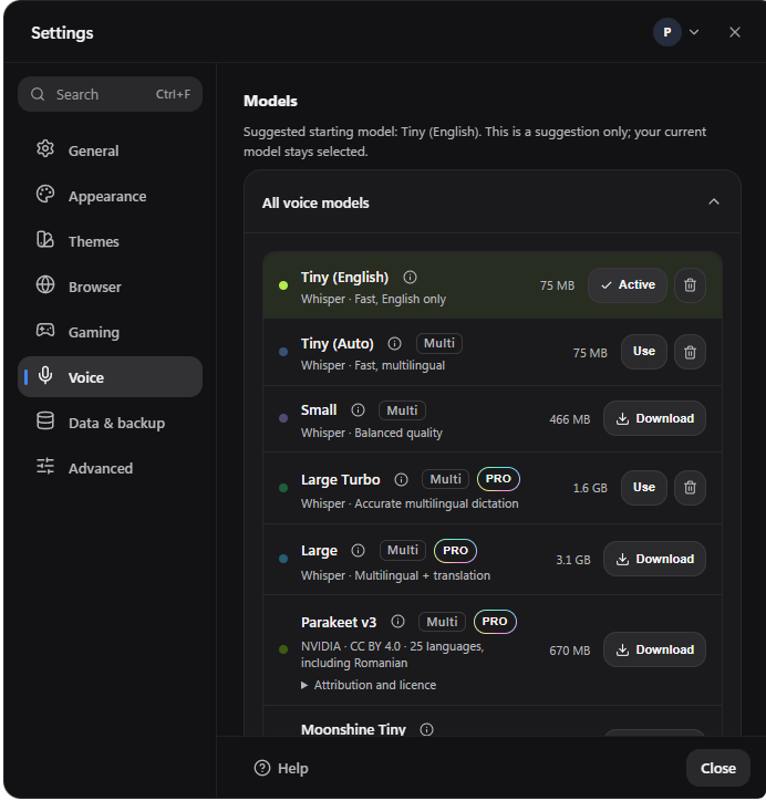 Settings, Voice: the seven voice models with their size, their plan and whether they are downloaded