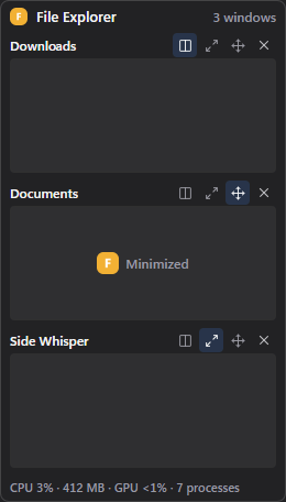 Peek on File Explorer: its three windows with CPU, memory and GPU use