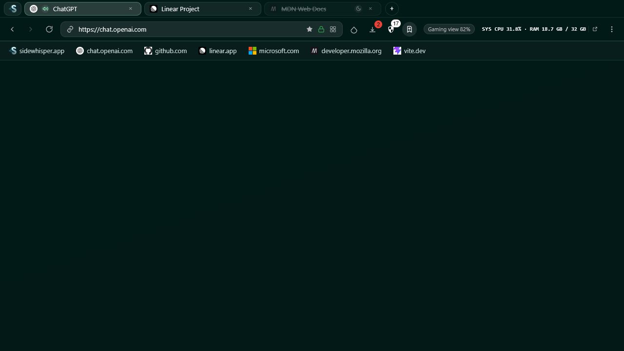 Current Side Whisper companion browser with tabs, navigation, bookmarks, privacy controls, and Gaming view