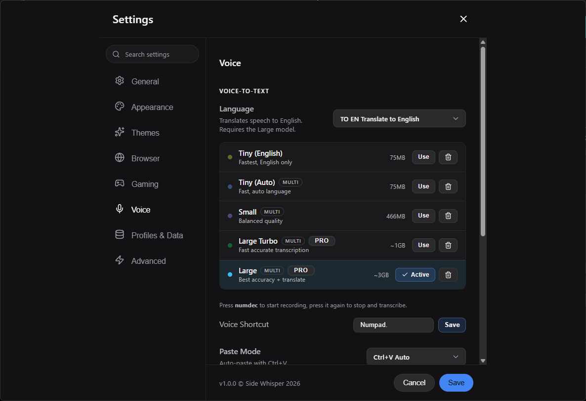 Side Whisper Voice settings with local model, shortcut, and paste controls
